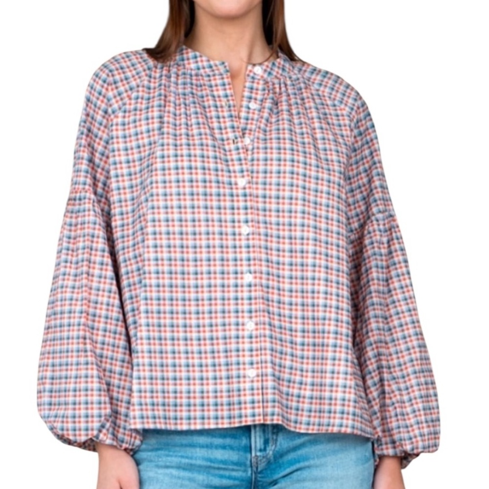 Olivia James The Label Emory Fireside Check Print Puff Sleeve Blouse - M